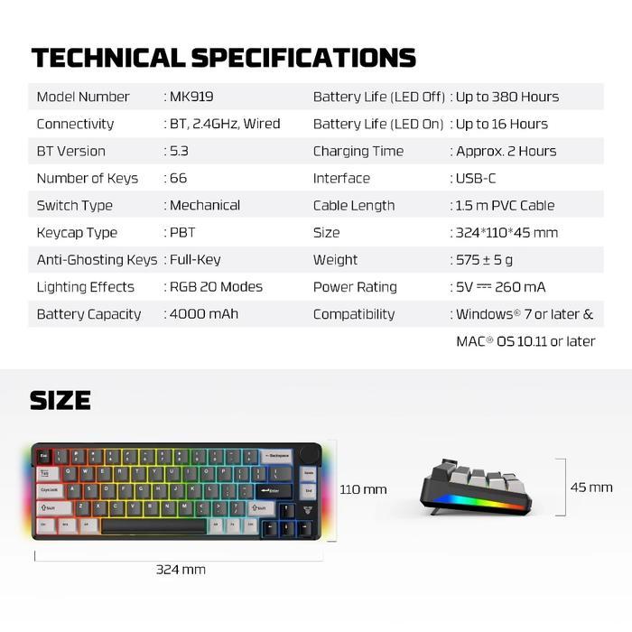 Fantech ATOM PRO66 MK919 RGB Wireless - 65% Mechanical Gaming Keyboard - Image 8