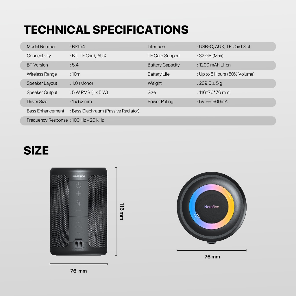 Fantech Nerabox BS154 Portable Wireless RGB Speaker Hi-Fi Audio True Wireless Stereo - Image 7