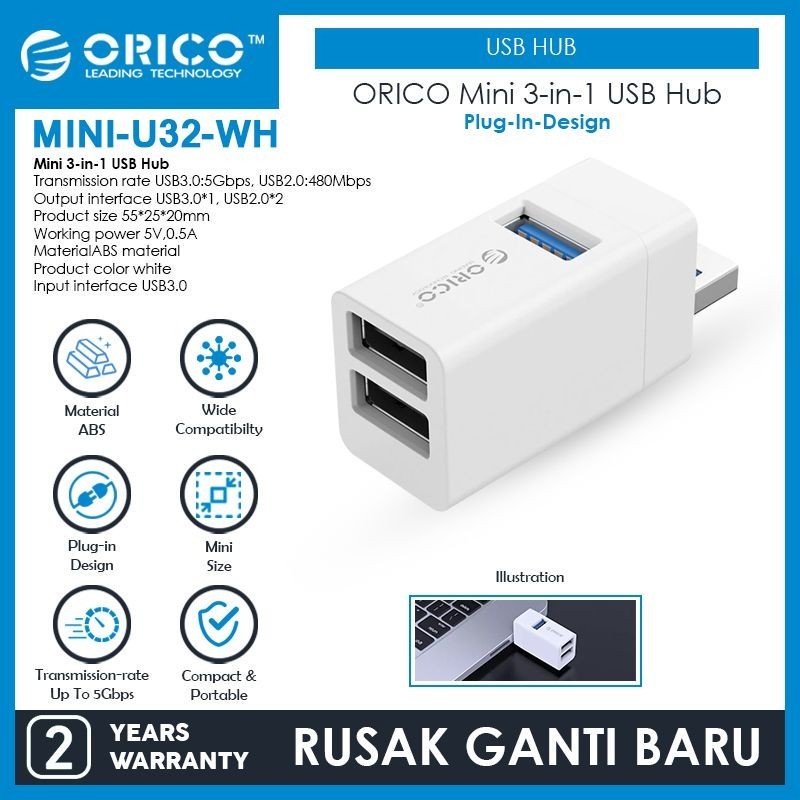 Orico MINI-U32 3 Port USB 3.0/ 2.0/ USB HUB Expansion - Image 2