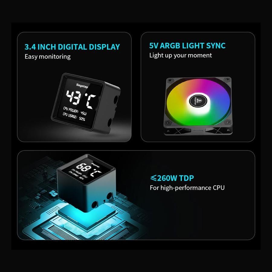 Segotep BeAced 240 ARGB - CPU AIO Liquid Cooler Fan 240mm with LCD Digital Display - Image 2