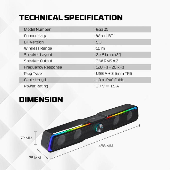 Fantech Beat Bar GS305 Soundbar Gaming Speaker Dual Mode BT 3.5mm USB RGB - Image 7