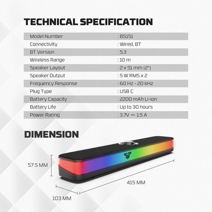 Fantech Speaker Gaming Bluetooth GROOVE BAR BS151 RGB Minimalist portable Super Bass Dual Mode - Image 9