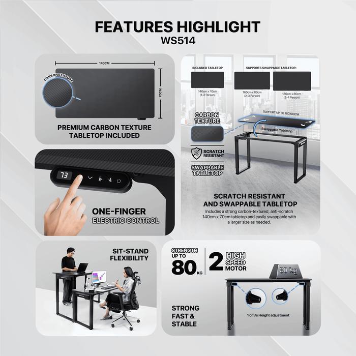 Fantech Meja Komputer Elektrik Adjustable Standing Desk Electric Work Station WS514 Meja Belajar Laptop Naik Turun - Image 2