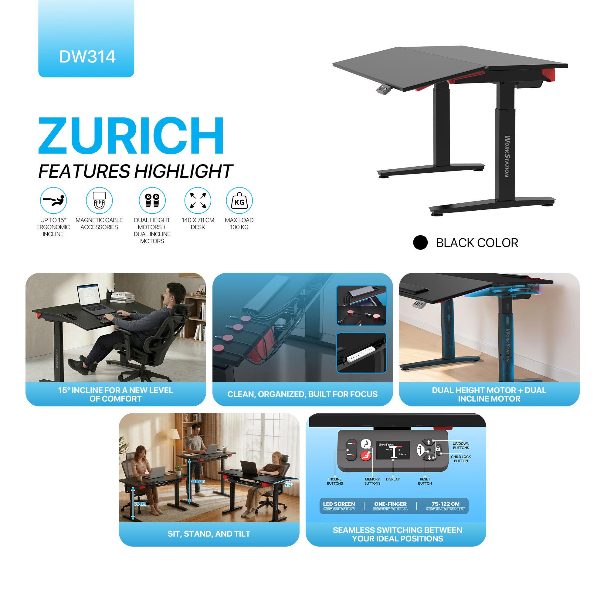 Fantech DW314 Electric Sit-Stand Tilt Desk 140x78cm Dual Motor Smart Control Height Adjustable Ergonomic Black - Image 2