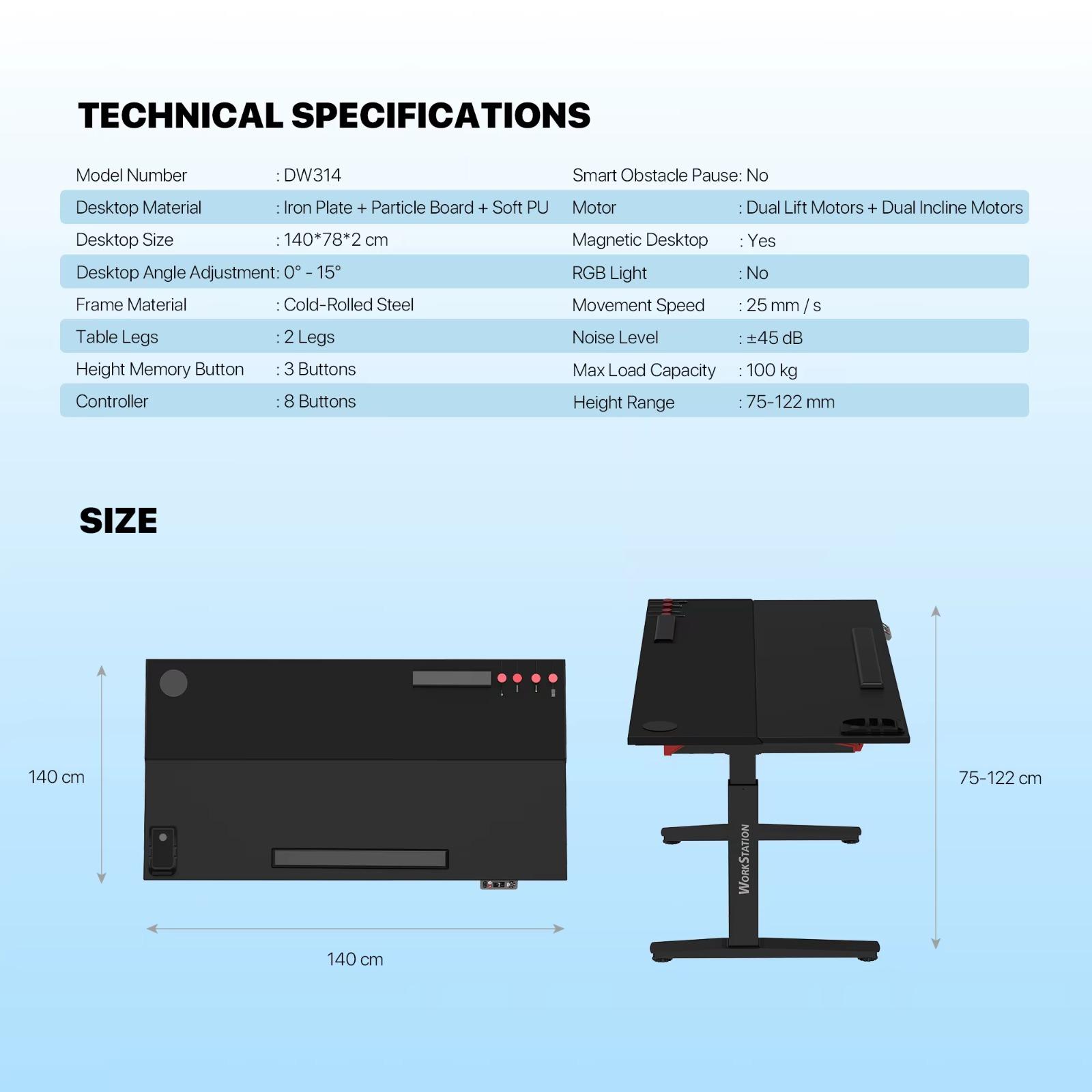 Fantech DW314 Electric Sit-Stand Tilt Desk 140x78cm Dual Motor Smart Control Height Adjustable Ergonomic Black - Image 8