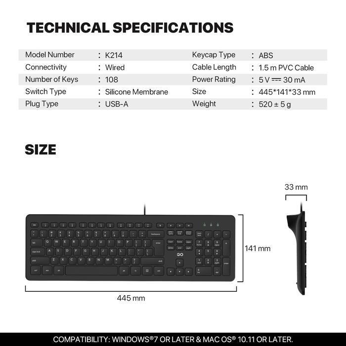 Fantech K214 GO Office Keyboard Kabel USB, Full Size 108 Keys, Silent Typing Ergonomis untuk Kerja & Sekolah, Plug & Play PC Laptop - Image 9