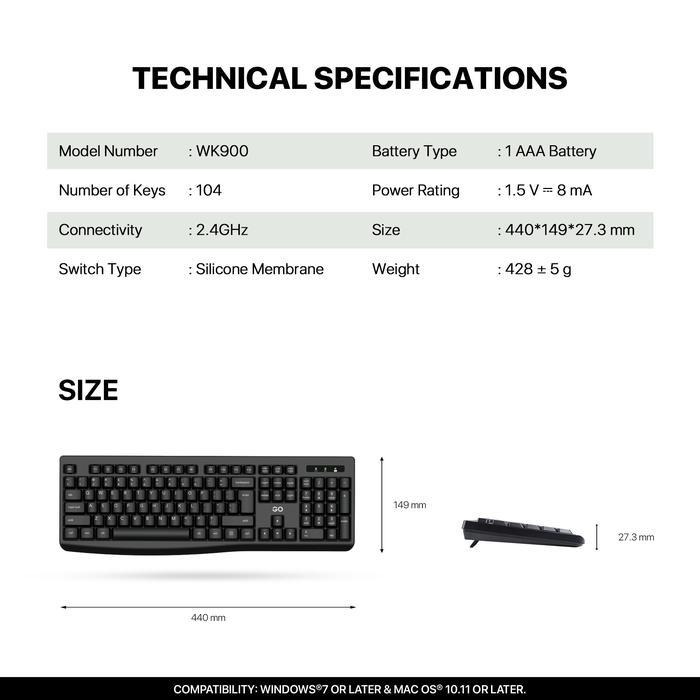 Fantech WK900 GO Wireless Combo Keyboard dan Mouse Silent Key Full Size 104 Keys Mode Hemat Daya Tahan Lama Combo Keyboard Mouse 1600 DPI Koneksi Tanpa Kabel - Image 9