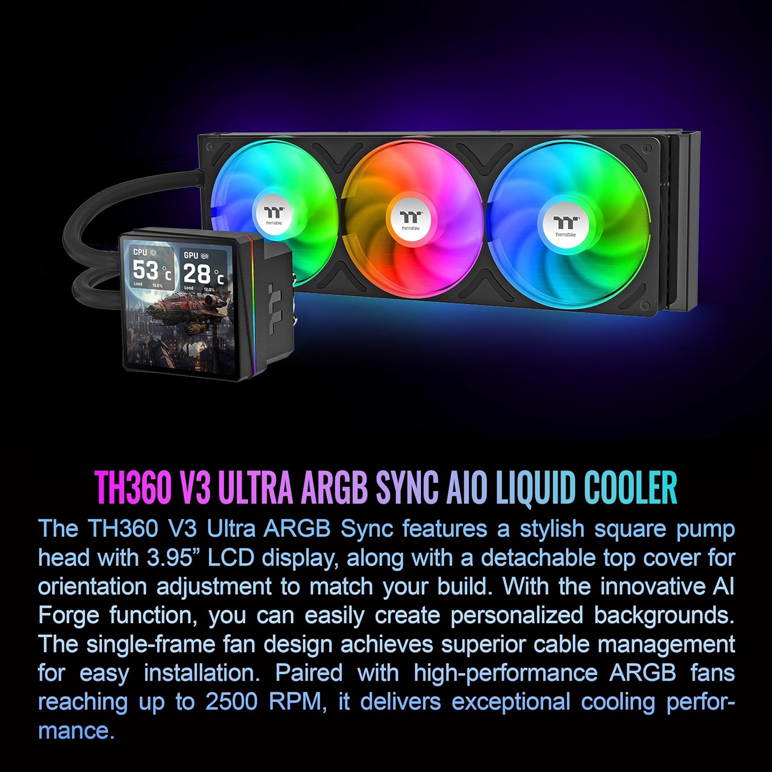 Thermaltake TH360 Ultra ARGB 360 - CPU AIO Liquid Cooler Fan 360mm with LCD TFT Display - Image 4
