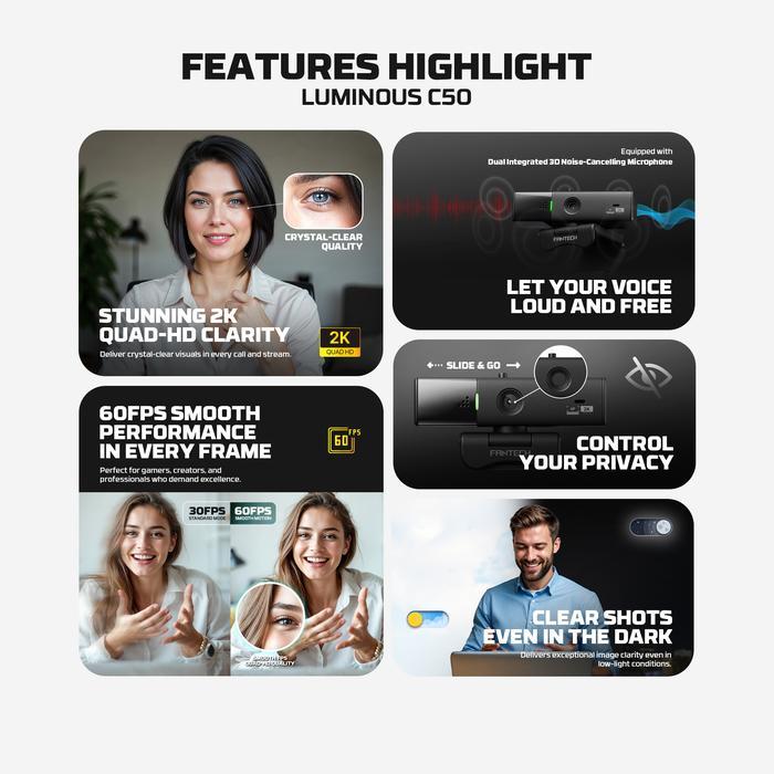 Fantech Webcam 2K Quad HD 60 FPS 1080p Auto Focus LUMINOUS C50 for PC Laptop Gaming - Image 4