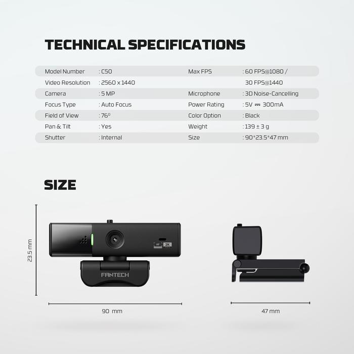Fantech Webcam 2K Quad HD 60 FPS 1080p Auto Focus LUMINOUS C50 for PC Laptop Gaming - Image 9