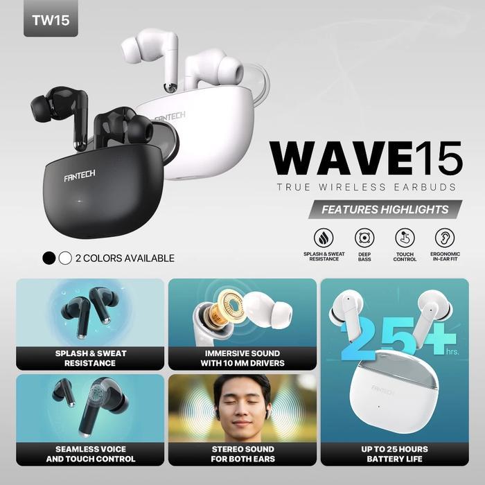 Fantech TWS Wave TW15 True Wireless Earphone Bluetooth 5.3 Earbuds - Splash & water resistant - Image 2