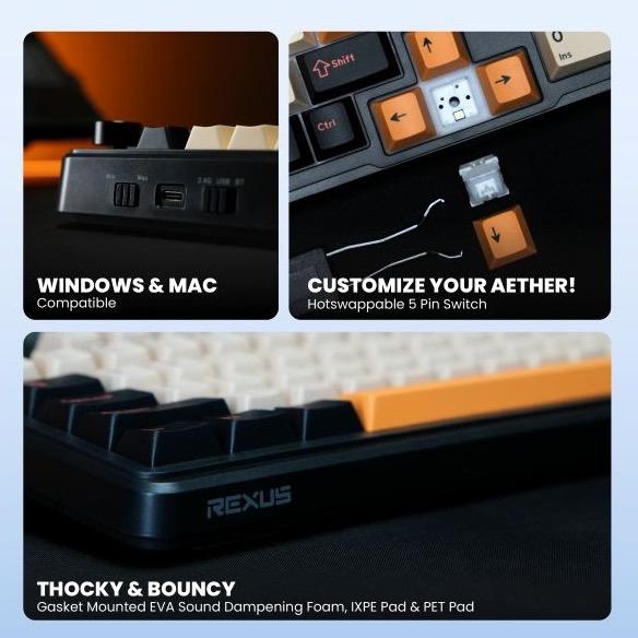 Rexus Aether A65 A75 A98 Mechanical Gaming Keyboard Wireless 3 Connection , Gasket Mounted EVA Sound Dampening Foam , Premium Switch KTT White , High Quality PBT Caps Cherry Profile , Hotswappable 5 pin switch - Image 3