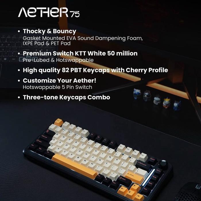 Rexus Aether A65 A75 A98 Mechanical Gaming Keyboard Wireless 3 Connection , Gasket Mounted EVA Sound Dampening Foam , Premium Switch KTT White , High Quality PBT Caps Cherry Profile , Hotswappable 5 pin switch - Image 5