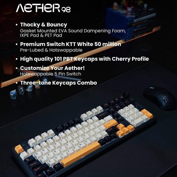 Rexus Aether A65 A75 A98 Mechanical Gaming Keyboard Wireless 3 Connection , Gasket Mounted EVA Sound Dampening Foam , Premium Switch KTT White , High Quality PBT Caps Cherry Profile , Hotswappable 5 pin switch - Image 6